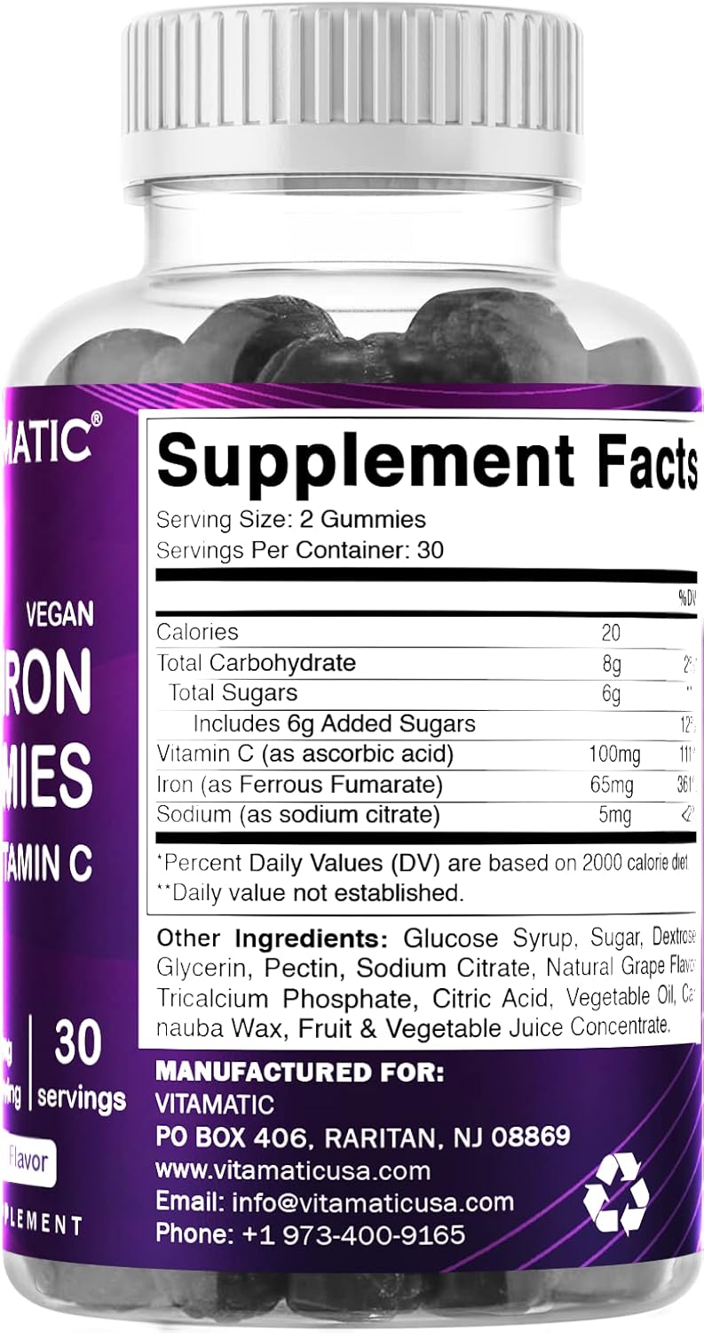 Iron Gummies Supplement 65 mg for Women & Men - 60 Vegan Gummies - Tasty Iron Vitamin with Vitamin C