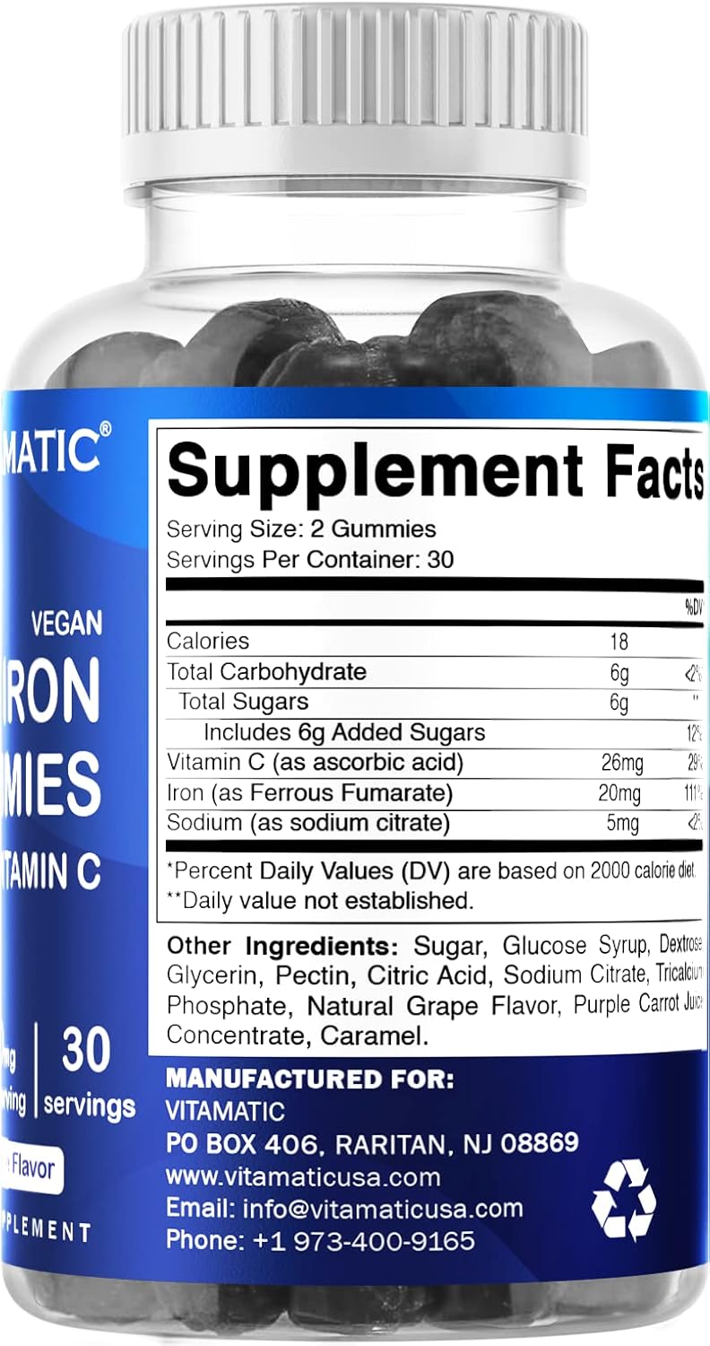 Iron Gummies Supplement for Women & Men - 20mg Serving - 60 Vegan Gummies - Delicious Iron Gummy Vitamins with Vitamin C - 2 Pack of 60 Count