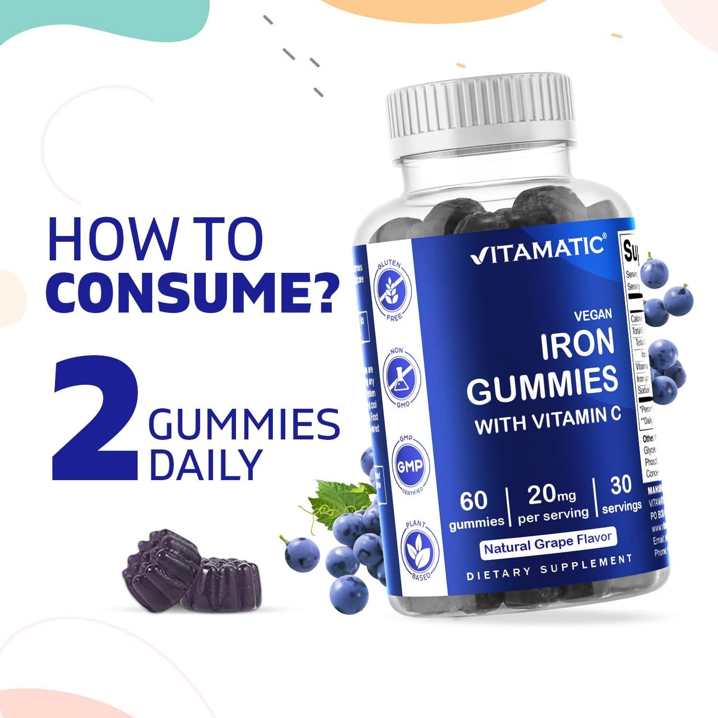 Iron Gummies Supplement for Women & Men - 20mg Serving - 60 Vegan Gummies - Delicious Iron Gummy Vitamins with Vitamin C - 2 Pack of 60 Count