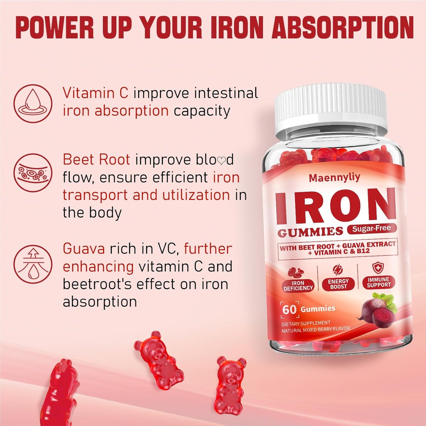 Iron Gummies Supplement for Women with Vitamin C, Beet Root, Guava, B6, B12, D3, Folate, Calcium, Zinc, and Turmeric - High Absorption Energy and Immune Support for Iron Deficiency