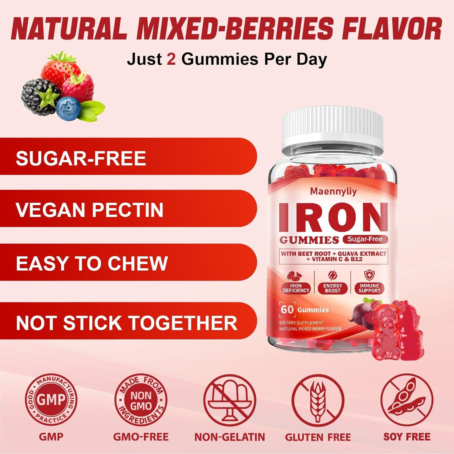 Iron Gummies Supplement for Women with Vitamin C, Beet Root, Guava, B6, B12, D3, Folate, Calcium, Zinc, and Turmeric - High Absorption Energy and Immune Support for Iron Deficiency