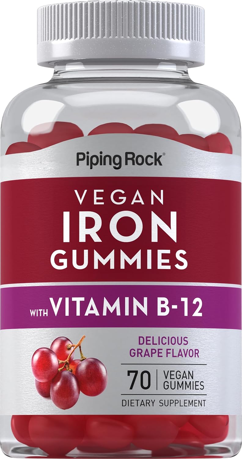 Iron Gummies Supplement with Vitamin B12 for Women and Men - 70 Count - Grape Flavor - Vegan, Non-GMO, Gluten Free - Piping Rock