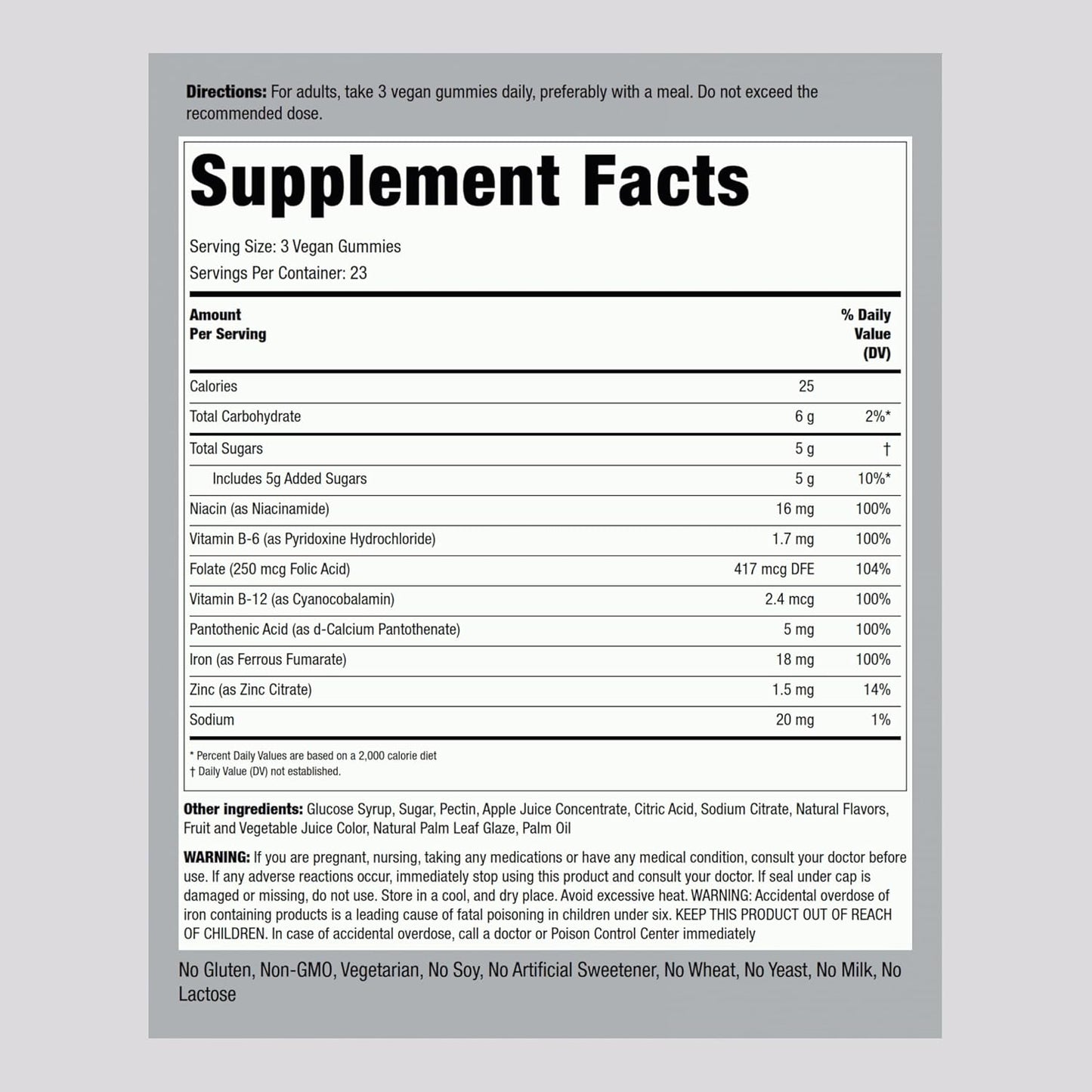 Iron Gummies Supplement with Vitamin B12 for Women and Men - 70 Count - Grape Flavor - Vegan, Non-GMO, Gluten Free - Piping Rock