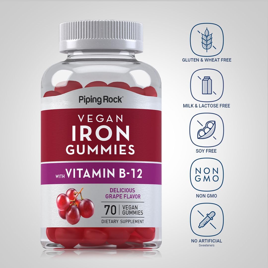 Iron Gummies Supplement with Vitamin B12 for Women and Men - 70 Count - Grape Flavor - Vegan, Non-GMO, Gluten Free - Piping Rock
