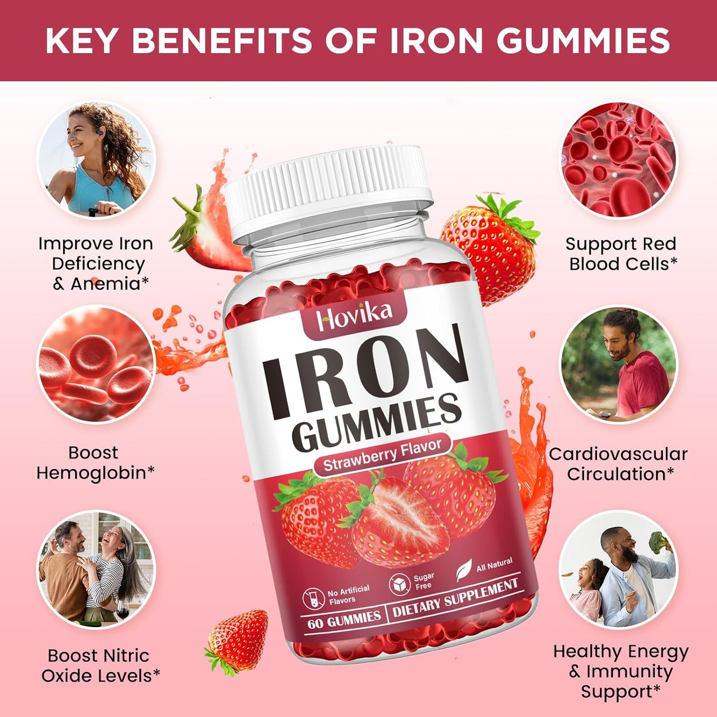 Iron Gummies Supplement with Vitamin C, B12, Folate for Women, Men, Kids - Blood Builder & Energy Support - Sugar Free Strawberry Flavor - 60 Gummies