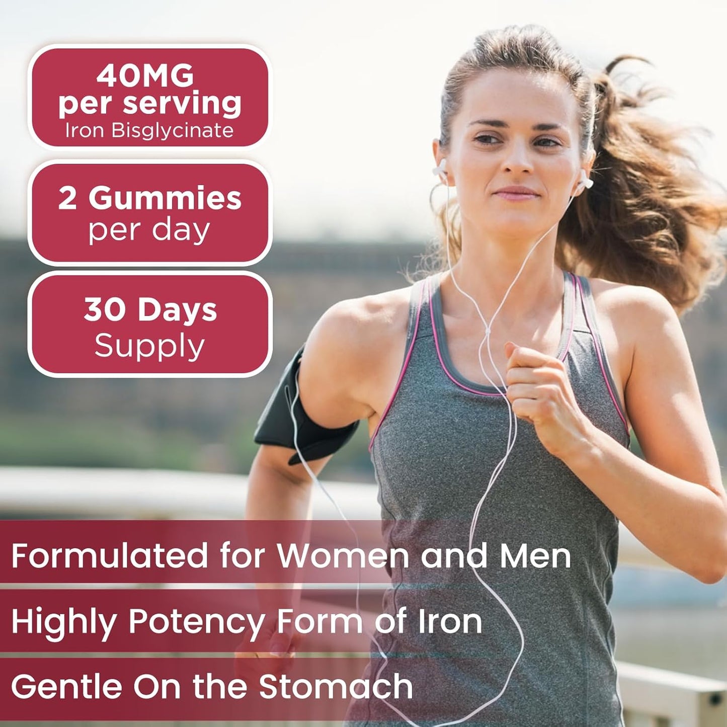 Iron Gummies Supplement with Vitamin C, B12, Folate for Women, Men, Kids - Blood Builder & Energy Support - Sugar Free Strawberry Flavor - 60 Gummies