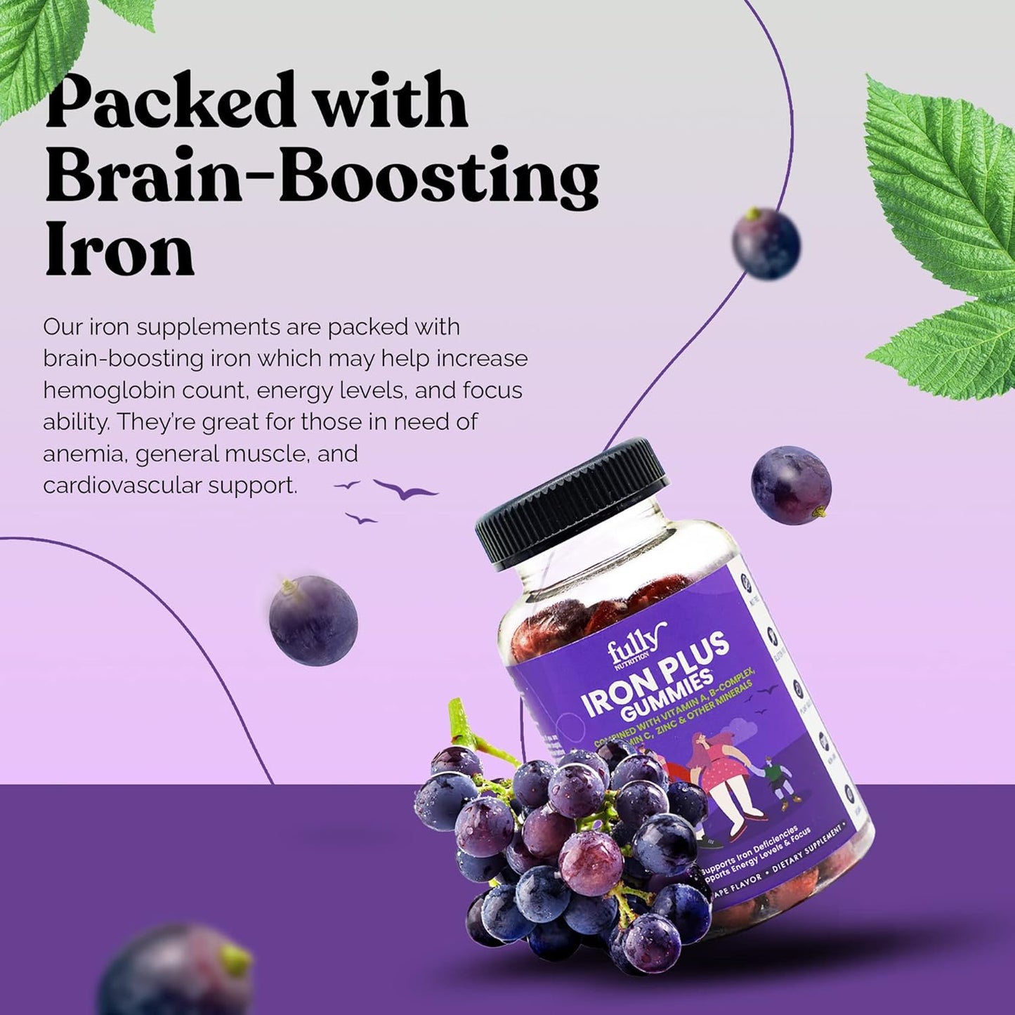 Iron Gummies Supplements for Adults and Kids - Grape Flavor, 100 Count - Boosts Energy, Focus, Anemia Support