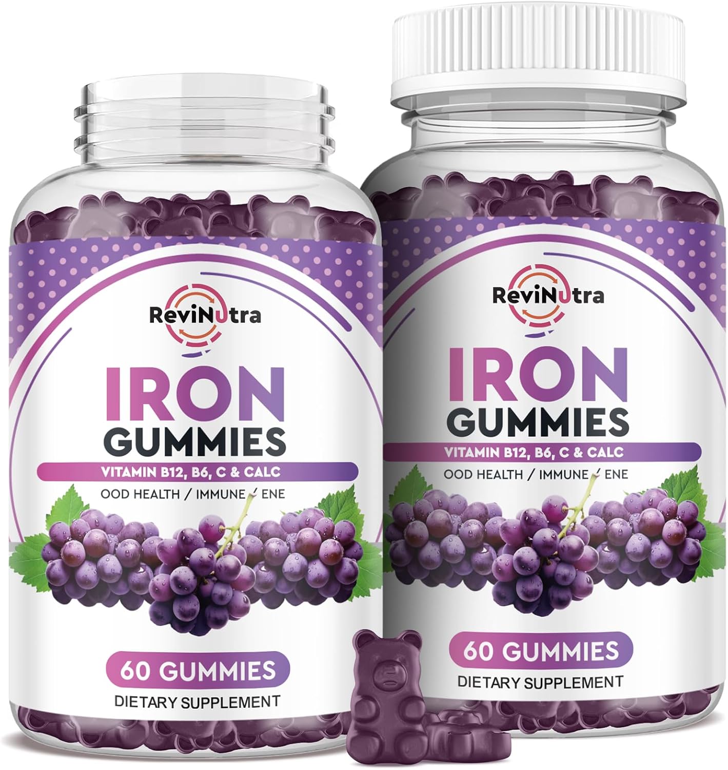 Iron Gummies with Calcium, Zinc, Folate, Vitamin B12, C, B6 - Blood Builder & Energy Support for Adults & Kids - Vegan - 2 Pack Grape Flavour, 60 Gummies