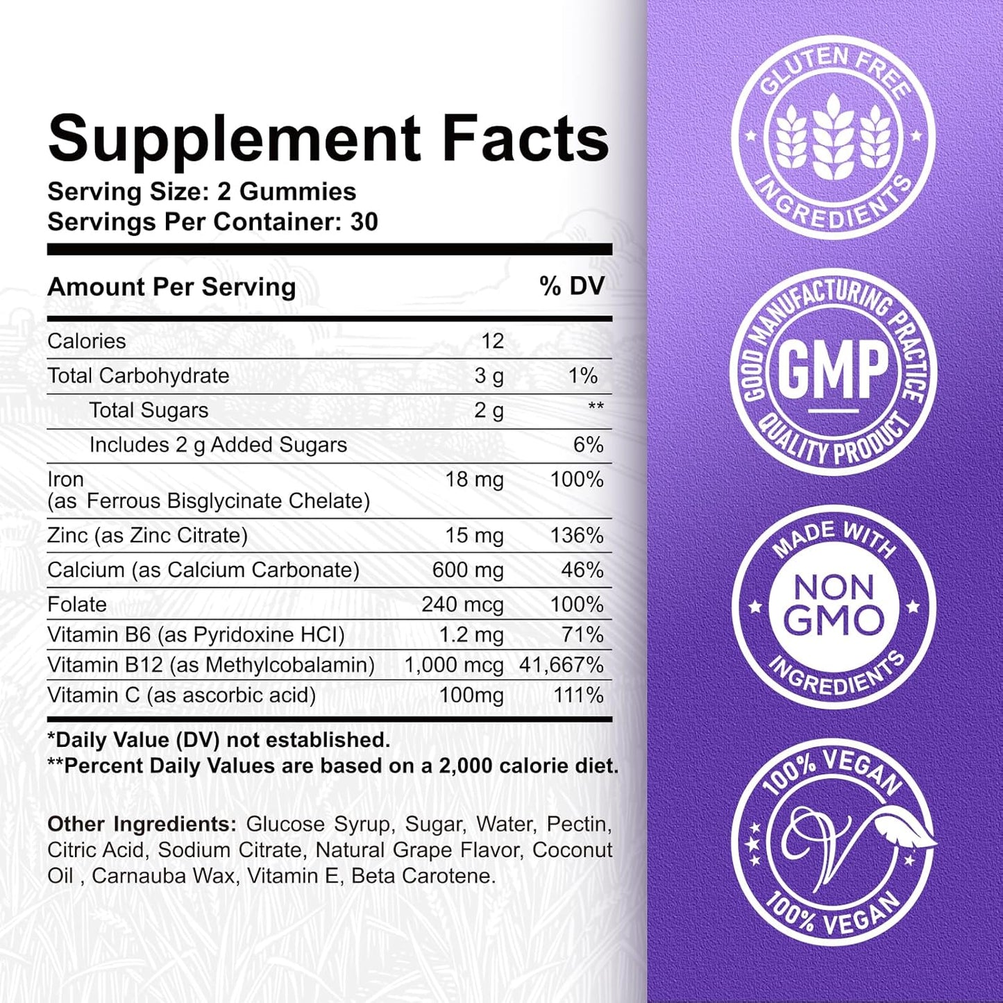 Iron Gummies with Calcium, Zinc, Folate, Vitamin B12, C, B6 - Blood Builder & Energy Support for Adults & Kids - Vegan - 2 Pack Grape Flavour, 60 Gummies