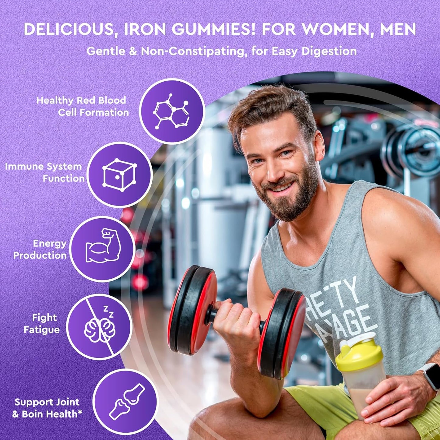 Iron Gummies with Calcium, Zinc, Folate, Vitamin B12, C, B6 - Blood Builder & Energy Support for Adults & Kids - Vegan - 2 Pack Grape Flavour, 60 Gummies