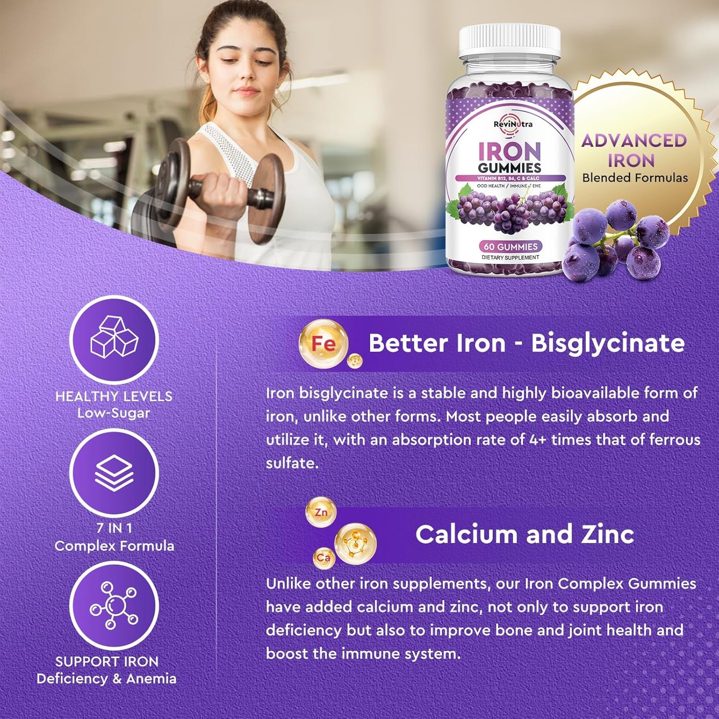 Iron Gummies with Calcium, Zinc, Folate, Vitamin B12, C, B6 - Blood Builder & Energy Support for Adults & Kids - Vegan - 2 Pack Grape Flavour, 60 Gummies