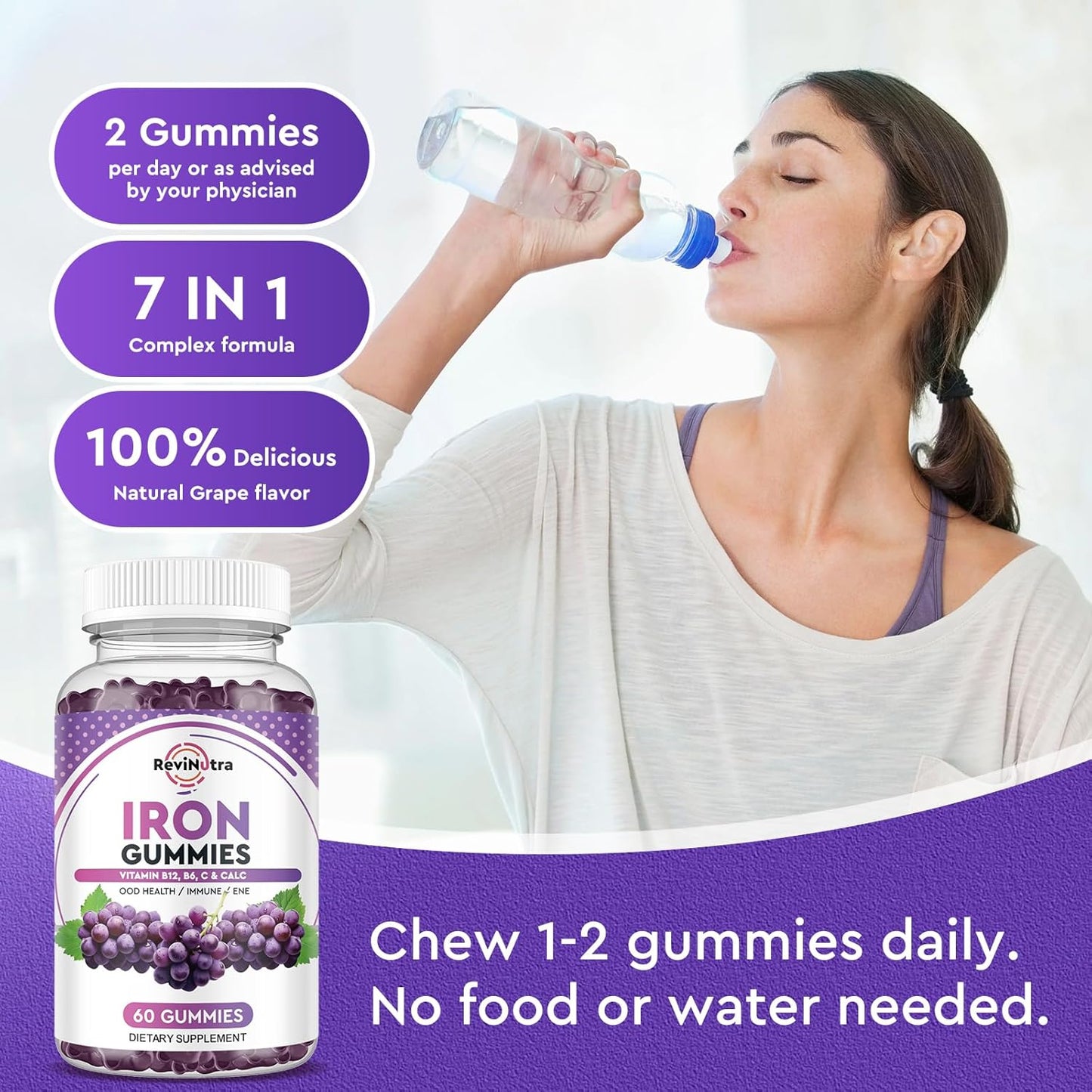 Iron Gummies with Calcium, Zinc, Folate, Vitamin B12, C, B6 - Blood Builder & Energy Support for Adults & Kids - Vegan - 2 Pack Grape Flavour, 60 Gummies