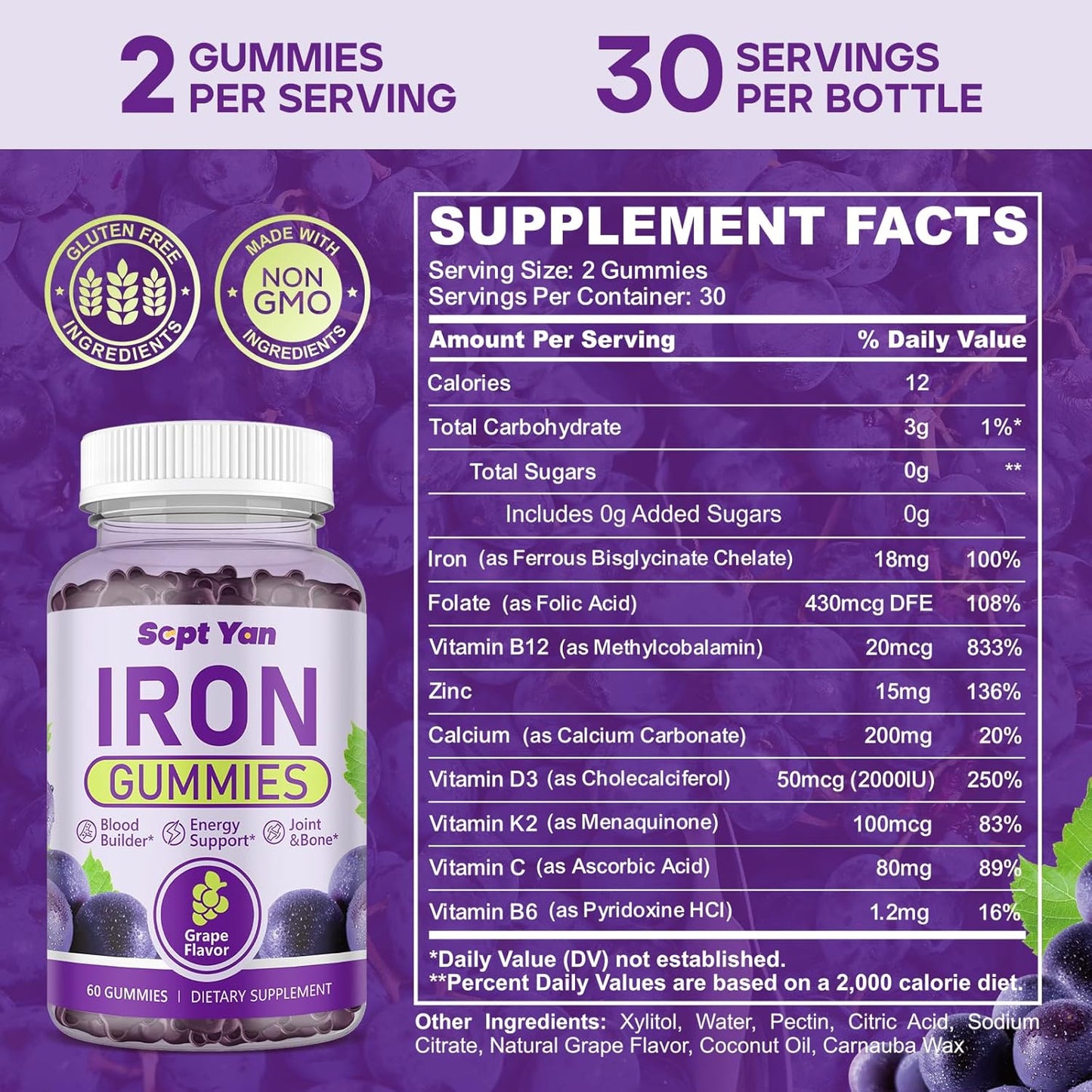 Iron Gummies with Folate, Vitamin B12, Zinc & D3 for Men and Women - Vegan, Grape Flavor, 60ct