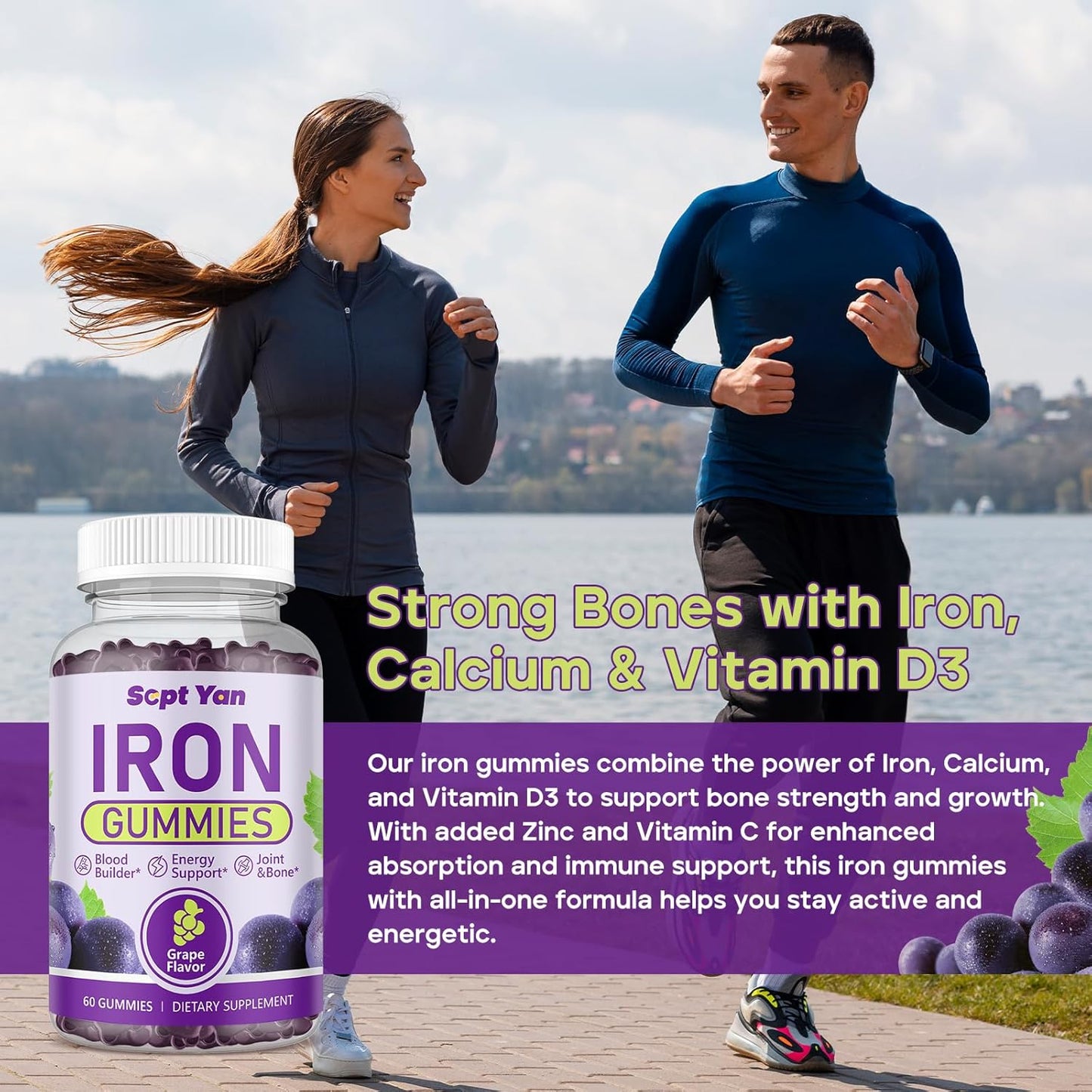 Iron Gummies with Folate, Vitamin B12, Zinc & D3 for Men and Women - Vegan, Grape Flavor, 60ct