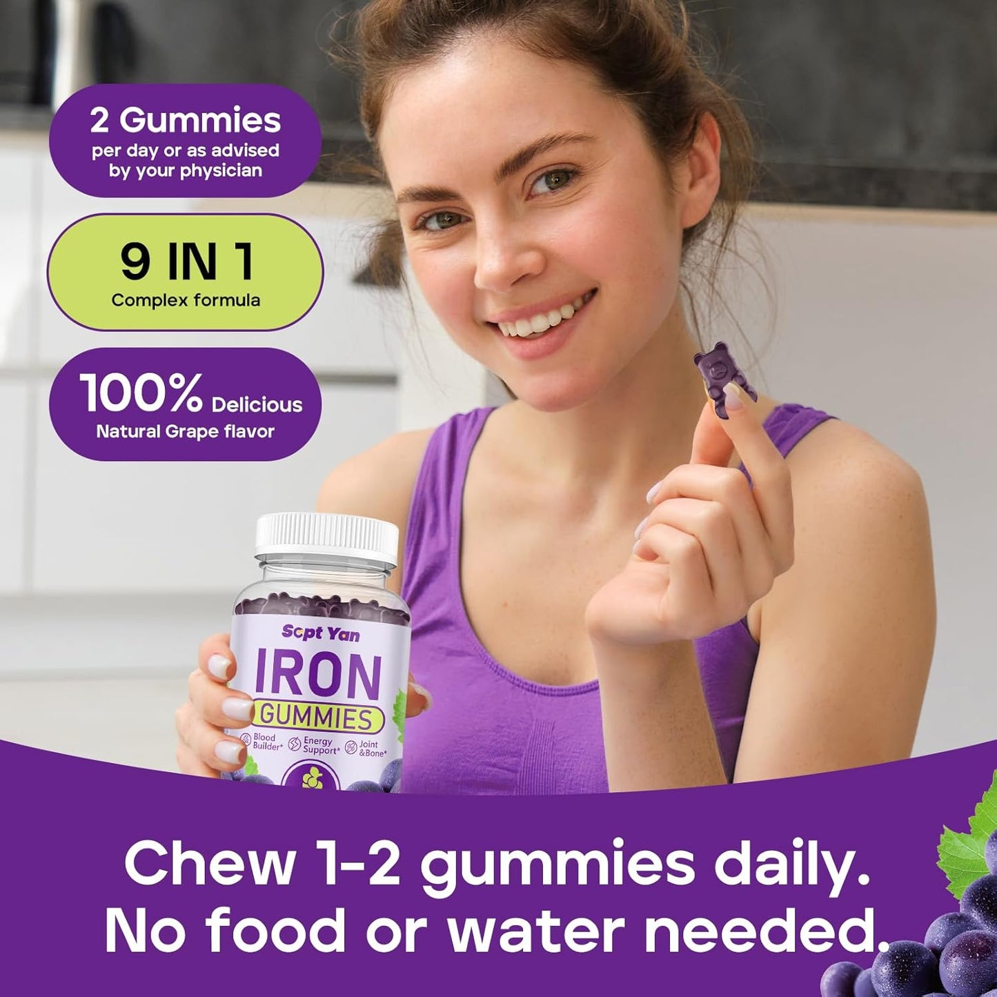 Iron Gummies with Folate, Vitamin B12, Zinc & D3 for Men and Women - Vegan, Grape Flavor, 60ct