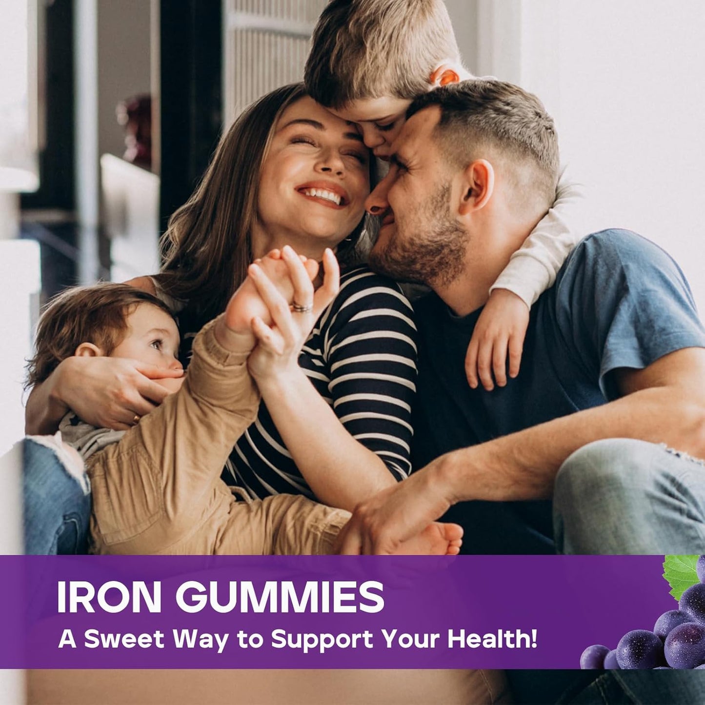 Iron Gummies with Folate, Vitamin B12, Zinc & D3 for Men and Women - Vegan, Grape Flavor, 60ct