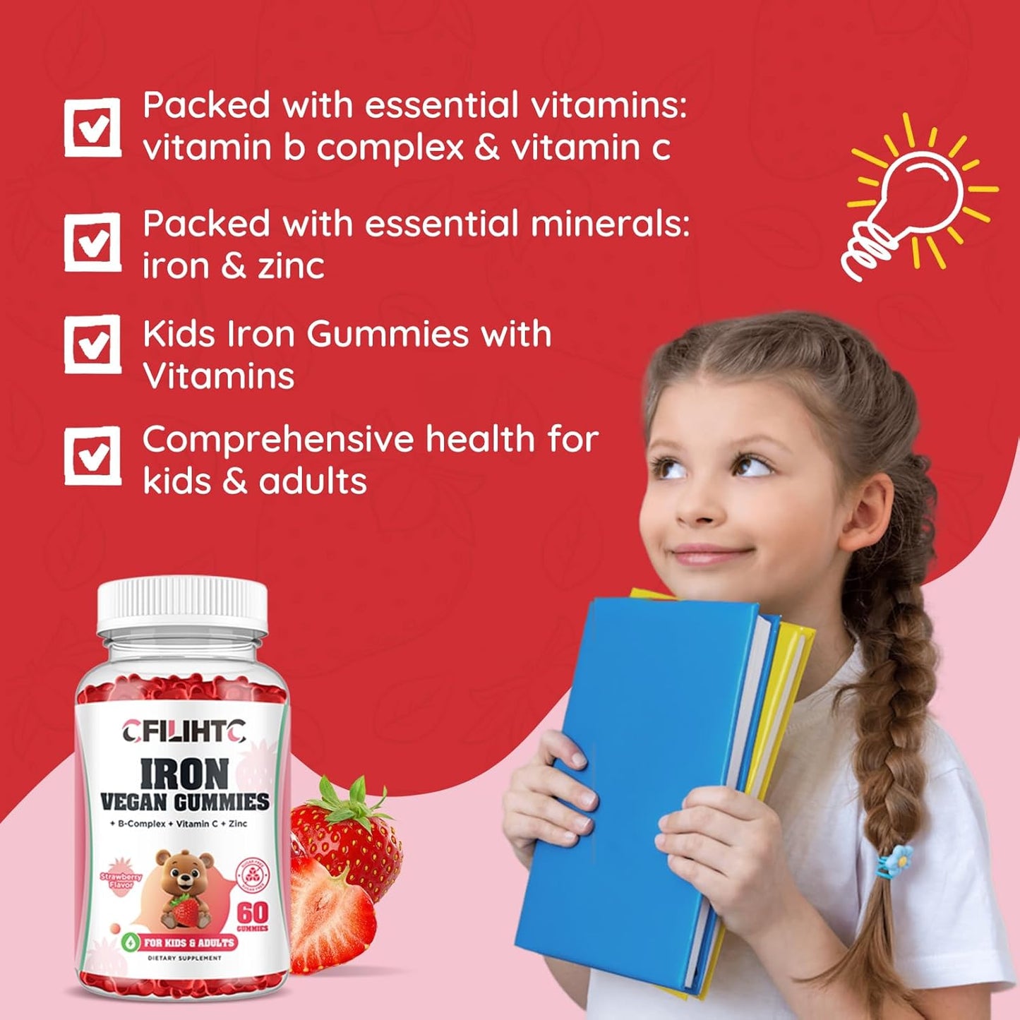 Iron Gummies with Multivitamin for Kids, Women & Men - Strawberry Flavor, Vegan - 60ct