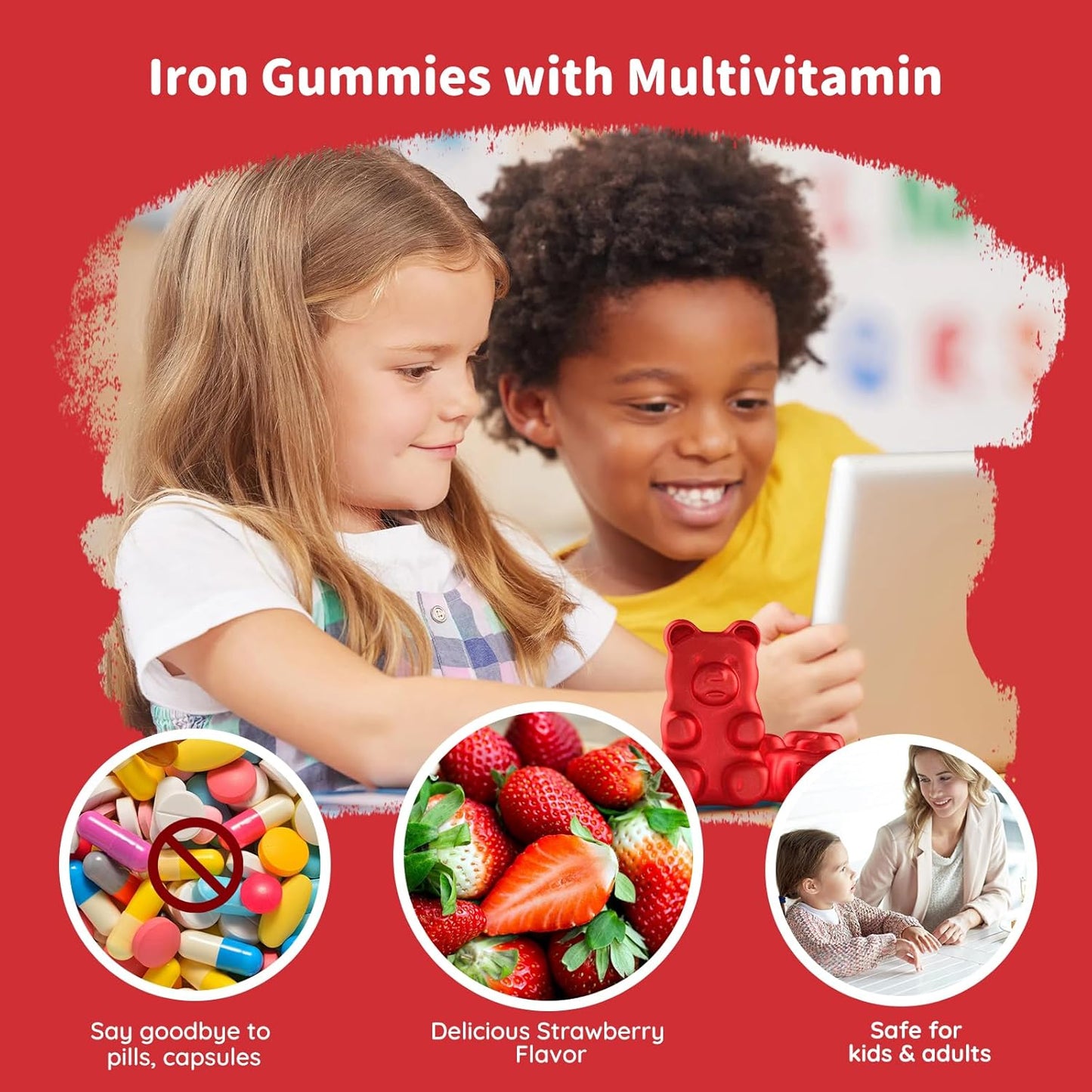 Iron Gummies with Multivitamin for Kids, Women & Men - Strawberry Flavor, Vegan - 60ct