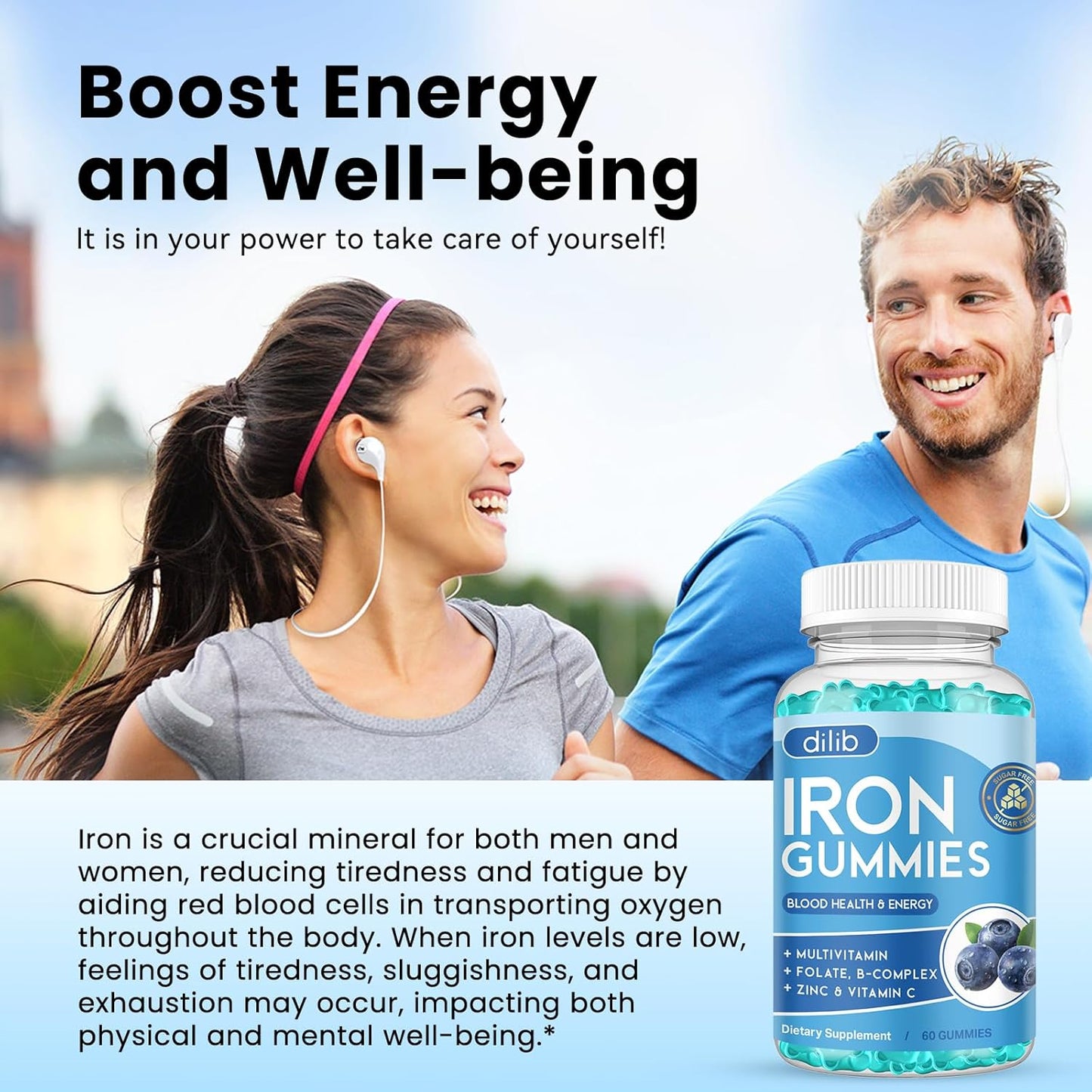 Iron Gummies with Multivitamin for Women & Men - Energy Support, Blood Builder - Vegan Blueberry Flavor - 60 Gummies