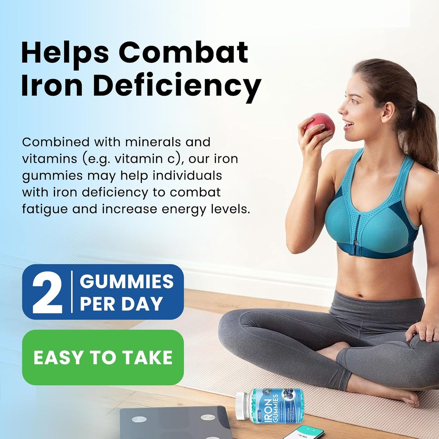 Iron Gummies with Multivitamin for Women & Men - Energy Support, Blood Builder - Vegan Blueberry Flavor - 60 Gummies