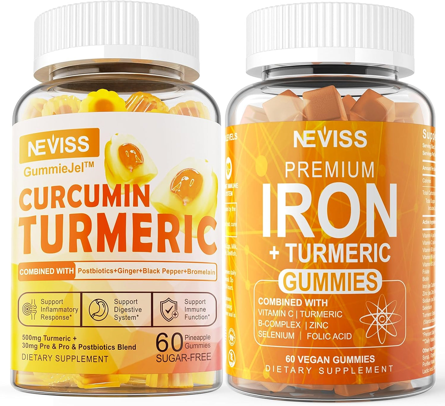 Iron Gummies with Turmeric, Vitamin C, and Prebiotics for Iron Deficiency and Immune Health - 2 Pack