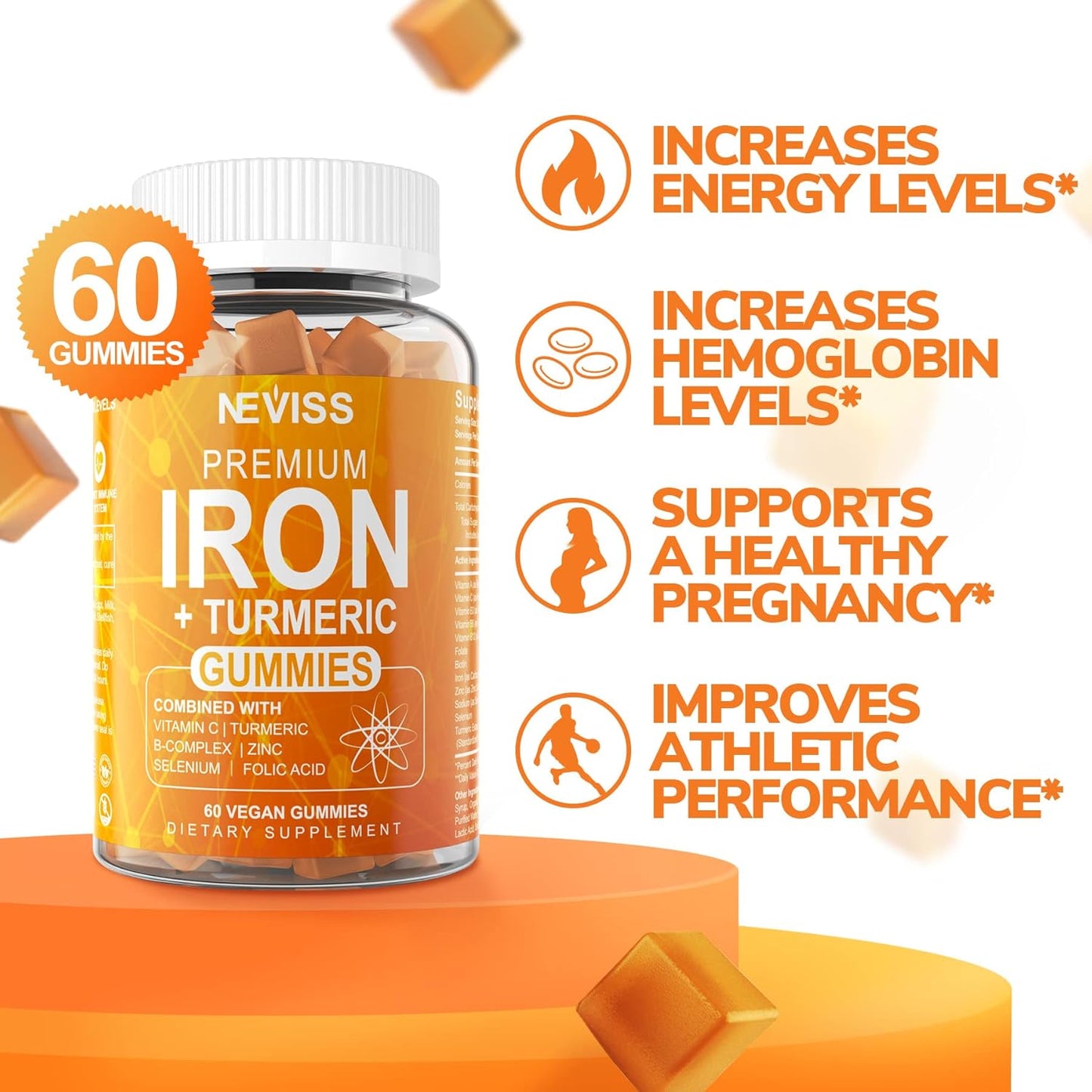 Iron Gummies with Turmeric, Vitamin C, and Prebiotics for Iron Deficiency and Immune Health - 2 Pack