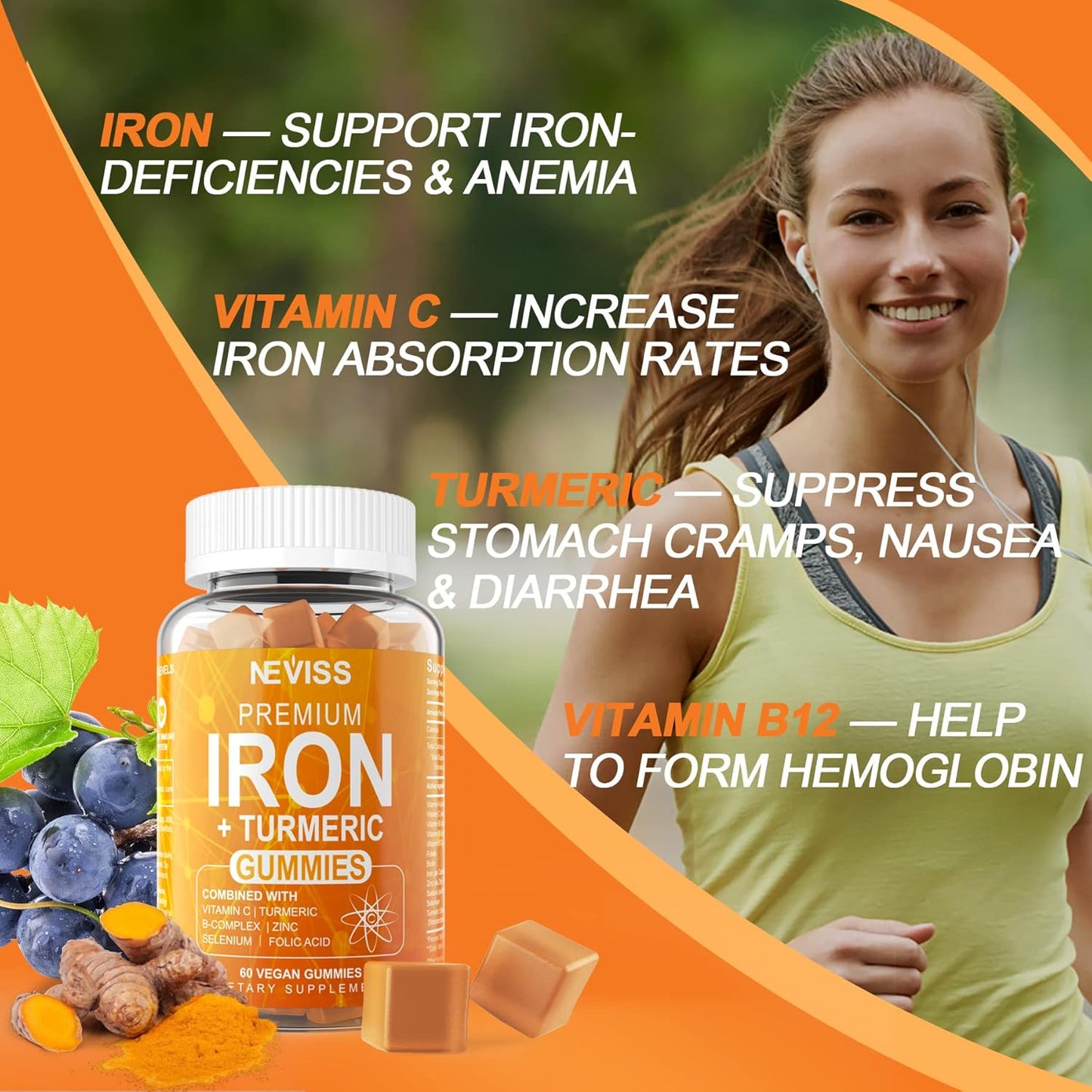 Iron Gummies with Turmeric, Vitamin C, and Prebiotics for Iron Deficiency and Immune Health - 2 Pack