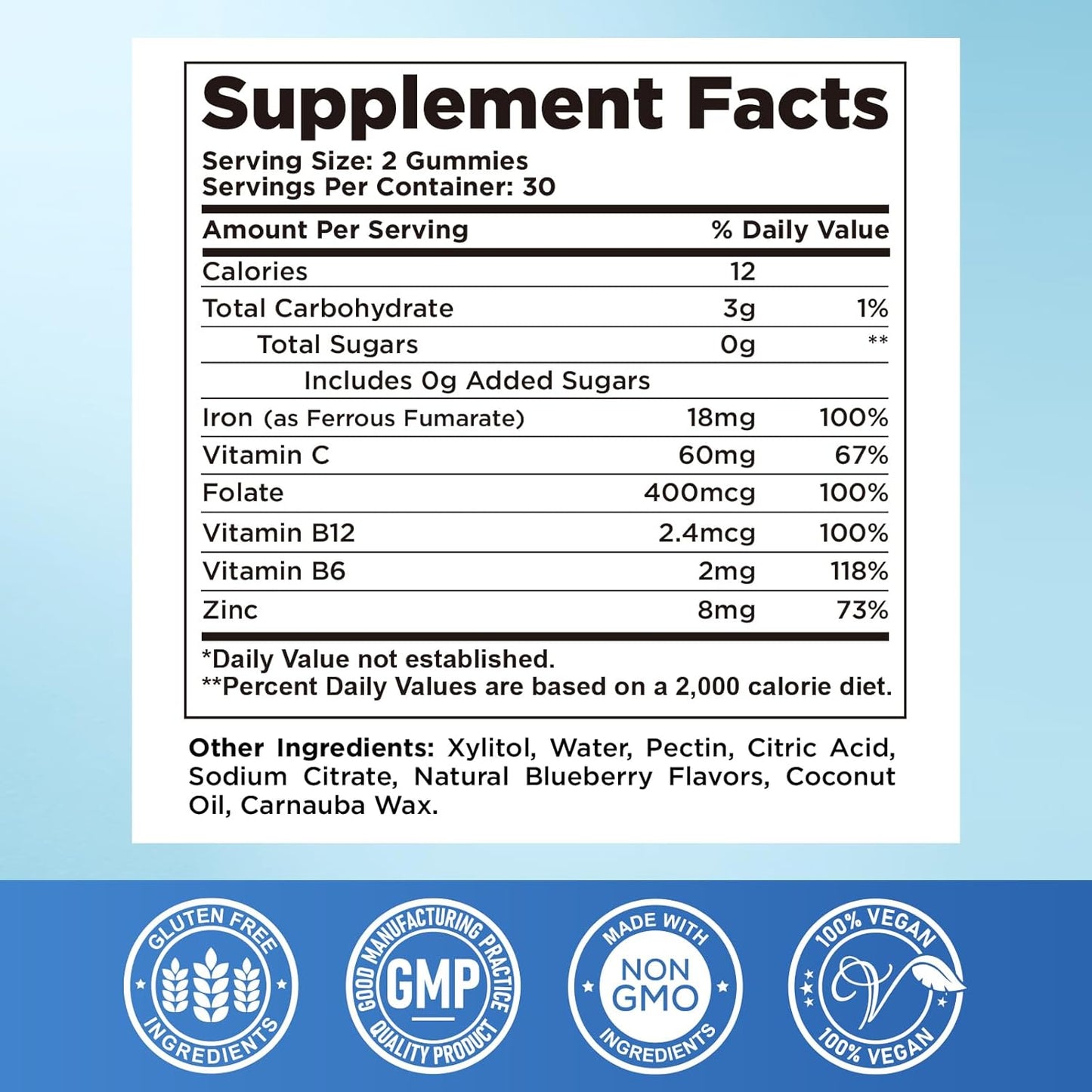 Iron Gummies with Vitamin B6, B12, C, Zinc, Folate - Supports Iron Deficiency, Anemia, Energy Boost - Sugar Free Vegan - 60ct Blueberry - Adults & Kids