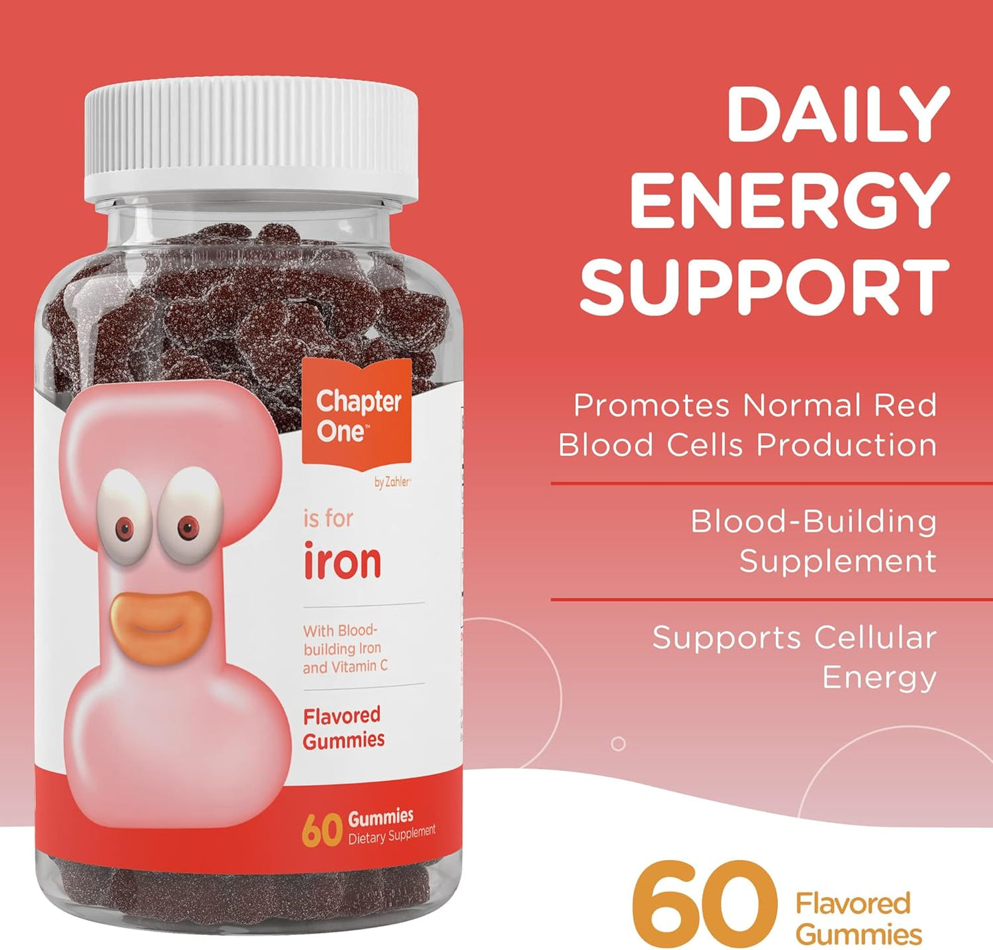 Iron Gummies with Vitamin C - Chewable Blood Builder Supplement for Women, Men, & Kids - Kosher & Easy to Digest - 60 Count