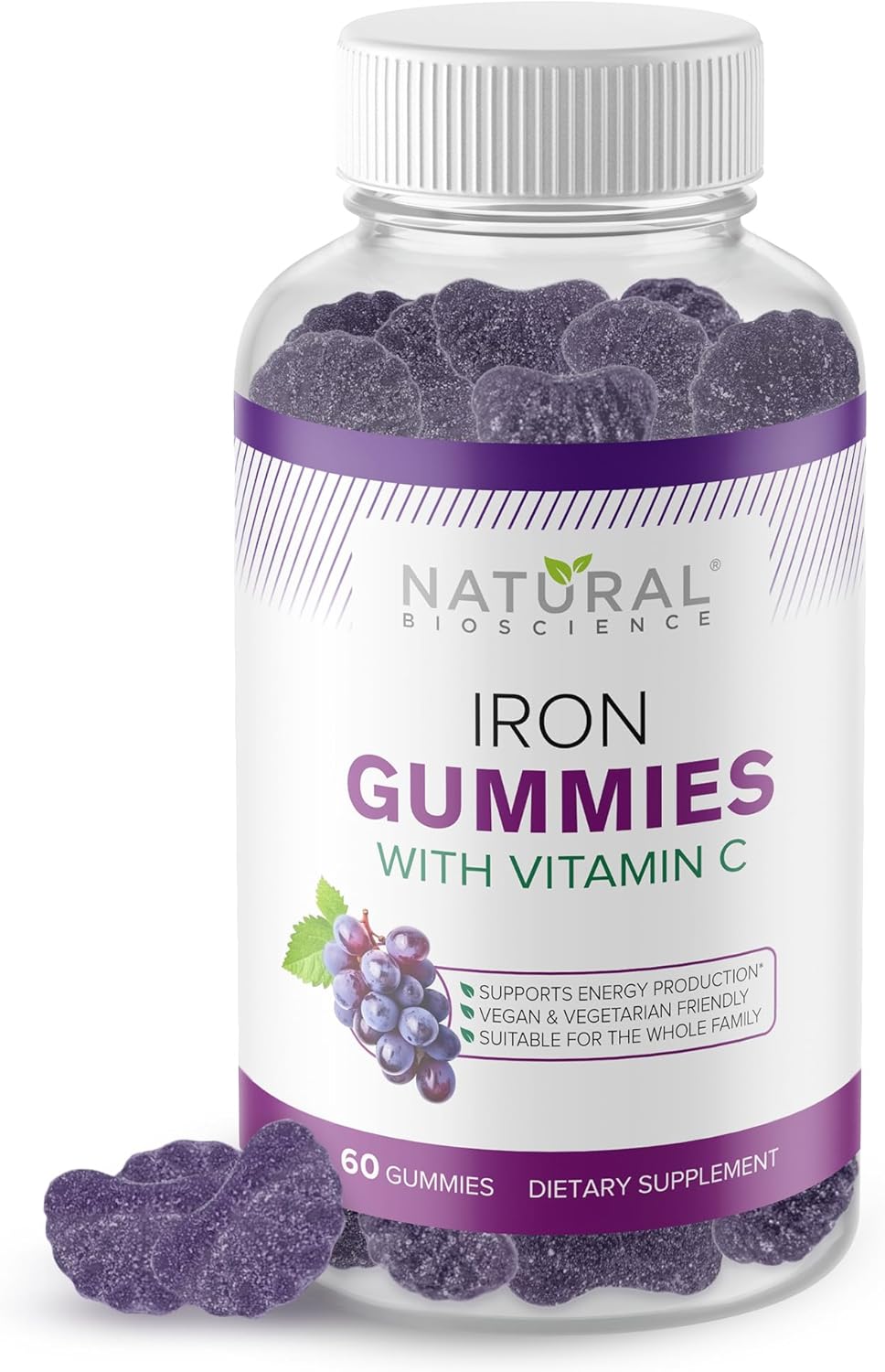 Iron Gummies with Vitamin C - Chewable Supplement for Adults & Kids, Anemia Support, Energy Boost, Immune System, Brain Health - 60 Vegan Gummies