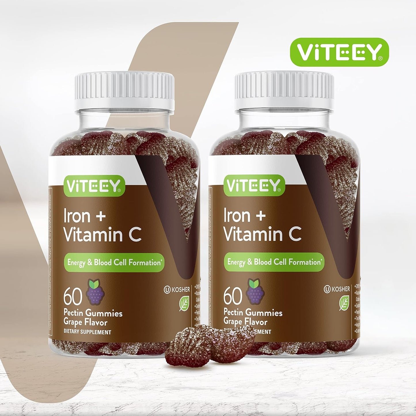 Iron Gummies with Vitamin C 20mg + 26mg for Anemia & Energy - Vegan Chewable Grape Supplements