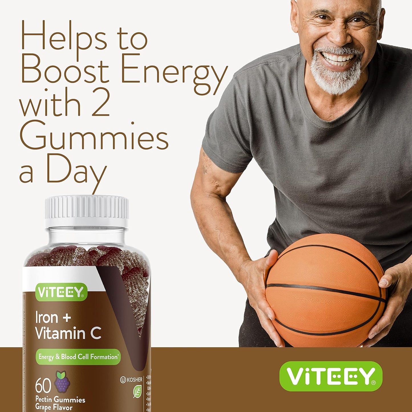 Iron Gummies with Vitamin C 20mg + 26mg for Anemia & Energy - Vegan Chewable Grape Supplements