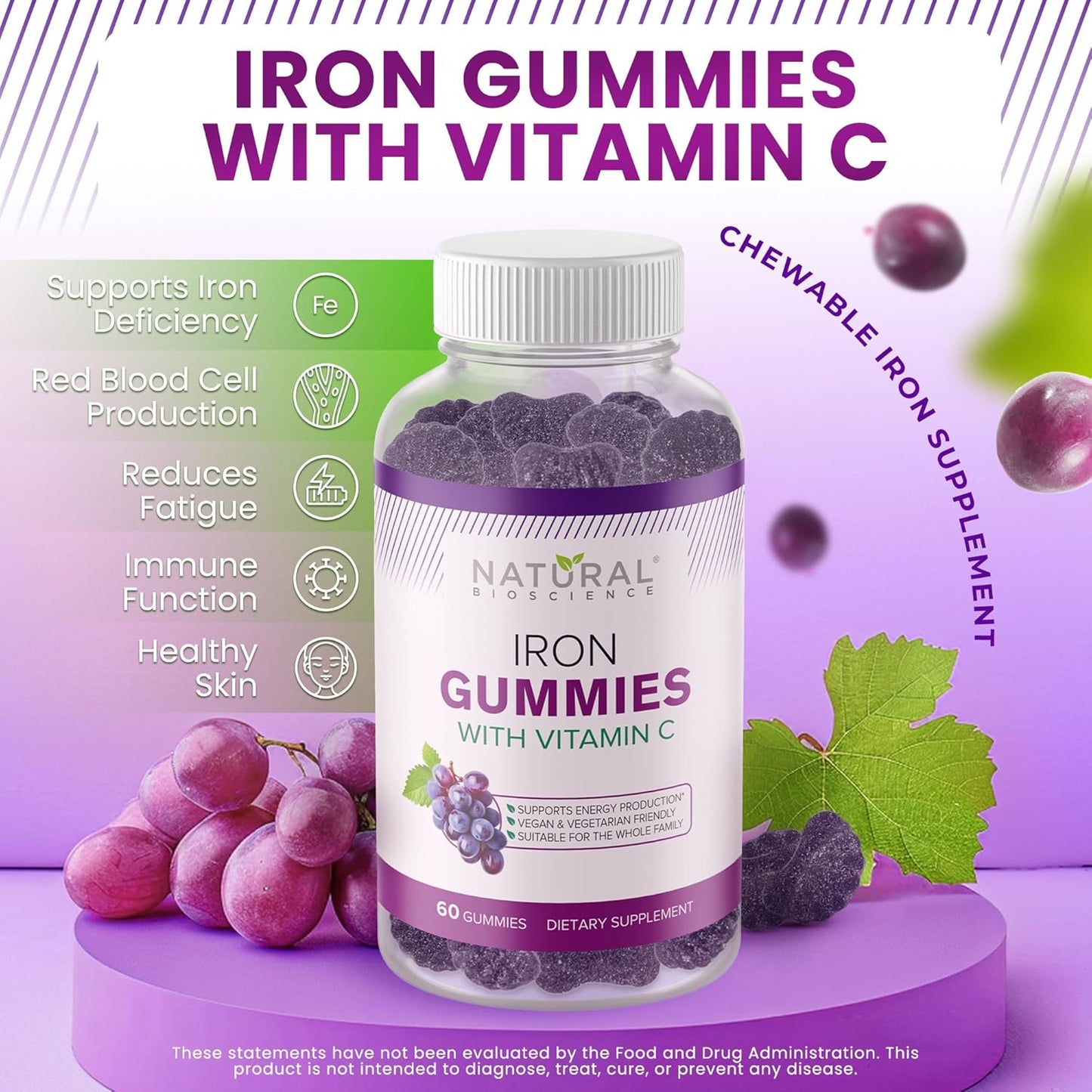 Iron Gummies with Vitamin C for Adults & Kids - Red Blood Cell & Immune Support, Energy Boost, Brain Health - 120 Vegan Gummies