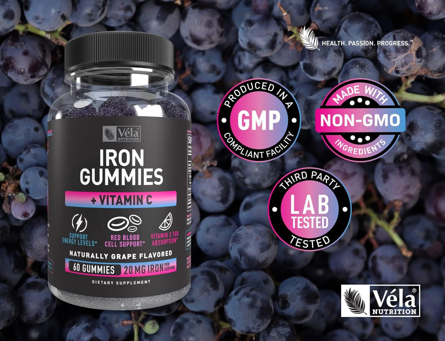 Iron Gummies with Vitamin C for Energy Levels & Red Blood Cells - 20mg per Serving - Non-GMO, GMP Certified - 60 Count