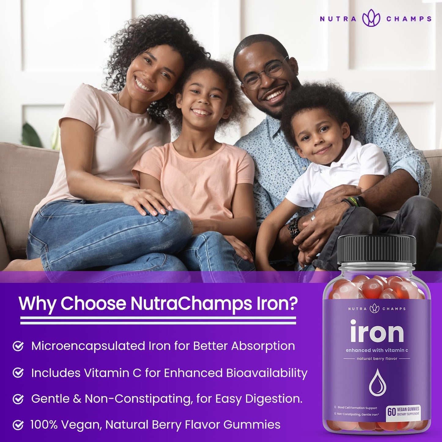 Iron Gummies with Vitamin C for Iron Deficiency & Anemia Support - 120 Gummies, Energy & Immune Boost - Pack of 2