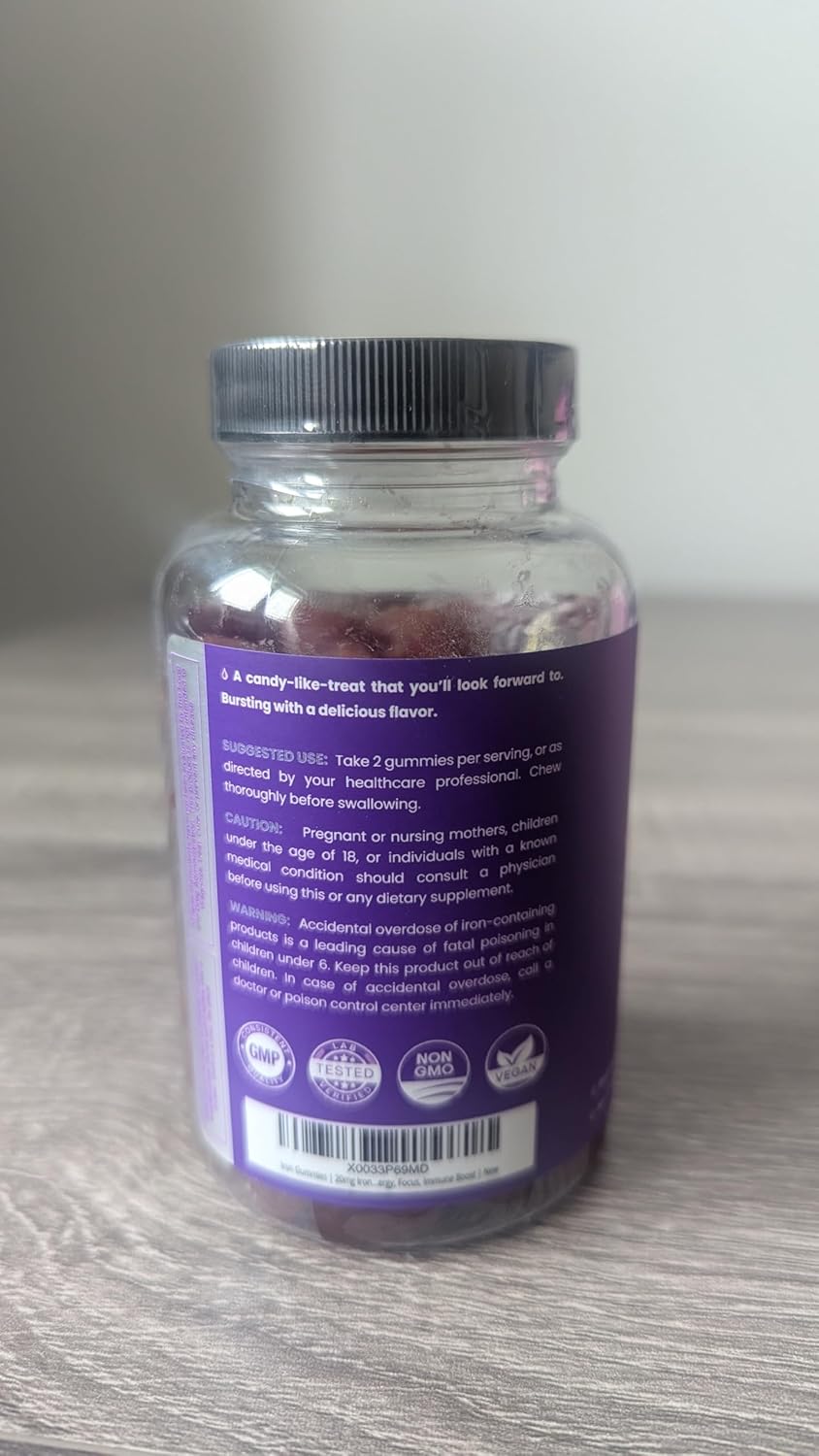 Iron Gummies with Vitamin C for Iron Deficiency & Anemia Support - 120 Gummies, Energy & Immune Boost - Pack of 2