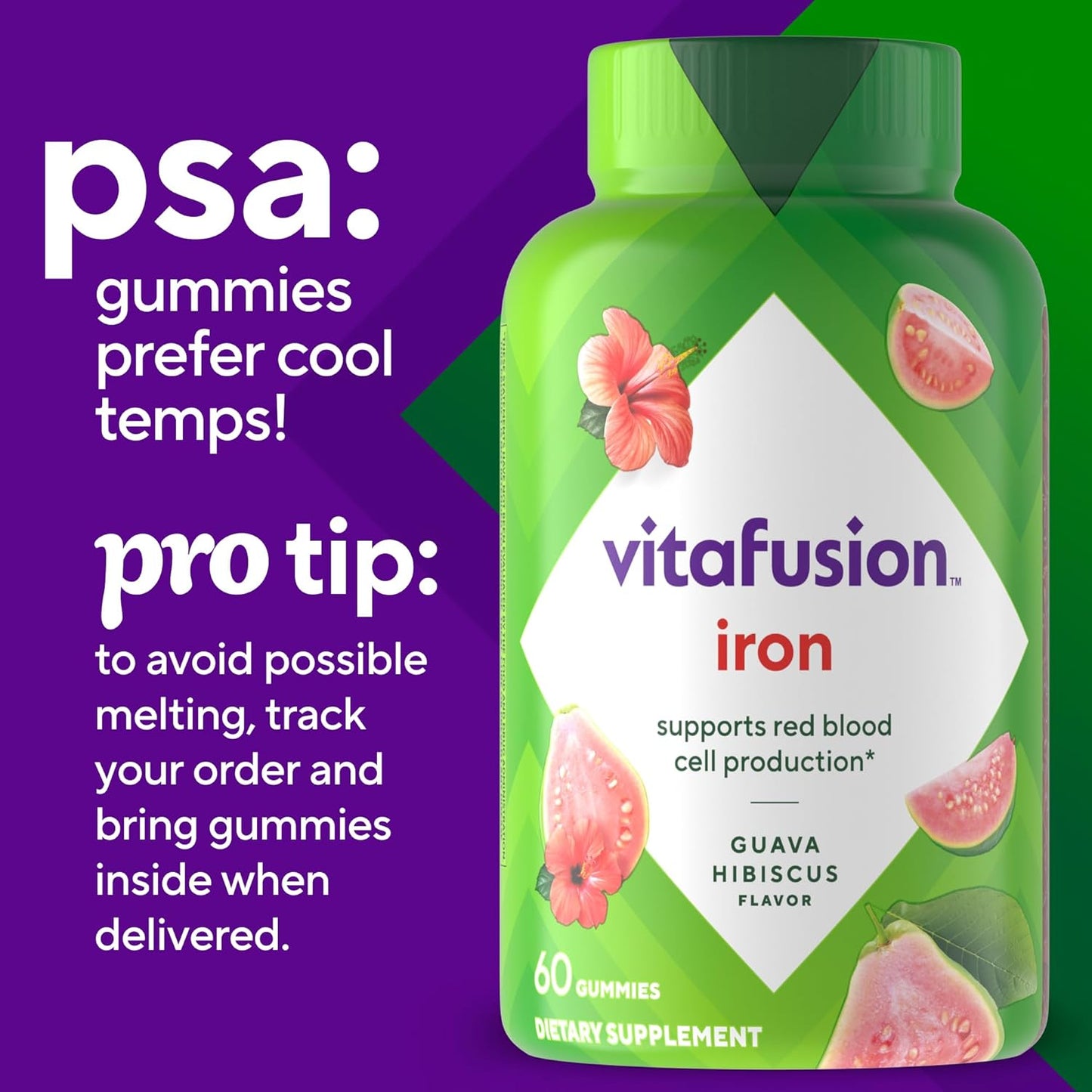 Iron Gummy Vitamin Supplement for Red Blood Cell Production - Guava Hibiscus Flavor - 60 Count - 30 Servings