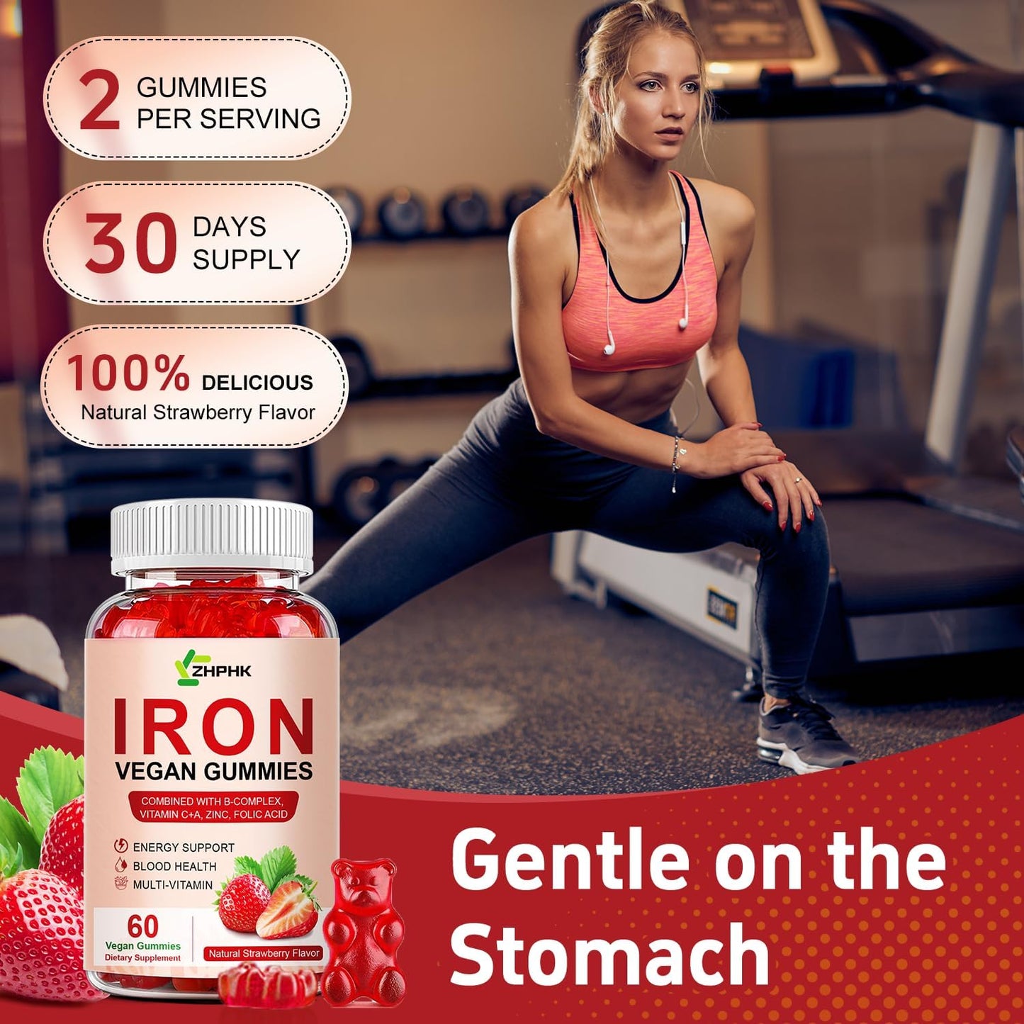 Iron Gummy Vitamins with Vitamin C for Blood Building & Immune Support - 65mg Iron, 250mg Vitamin C, Folate - 2 Pack for Women, Men, Kids