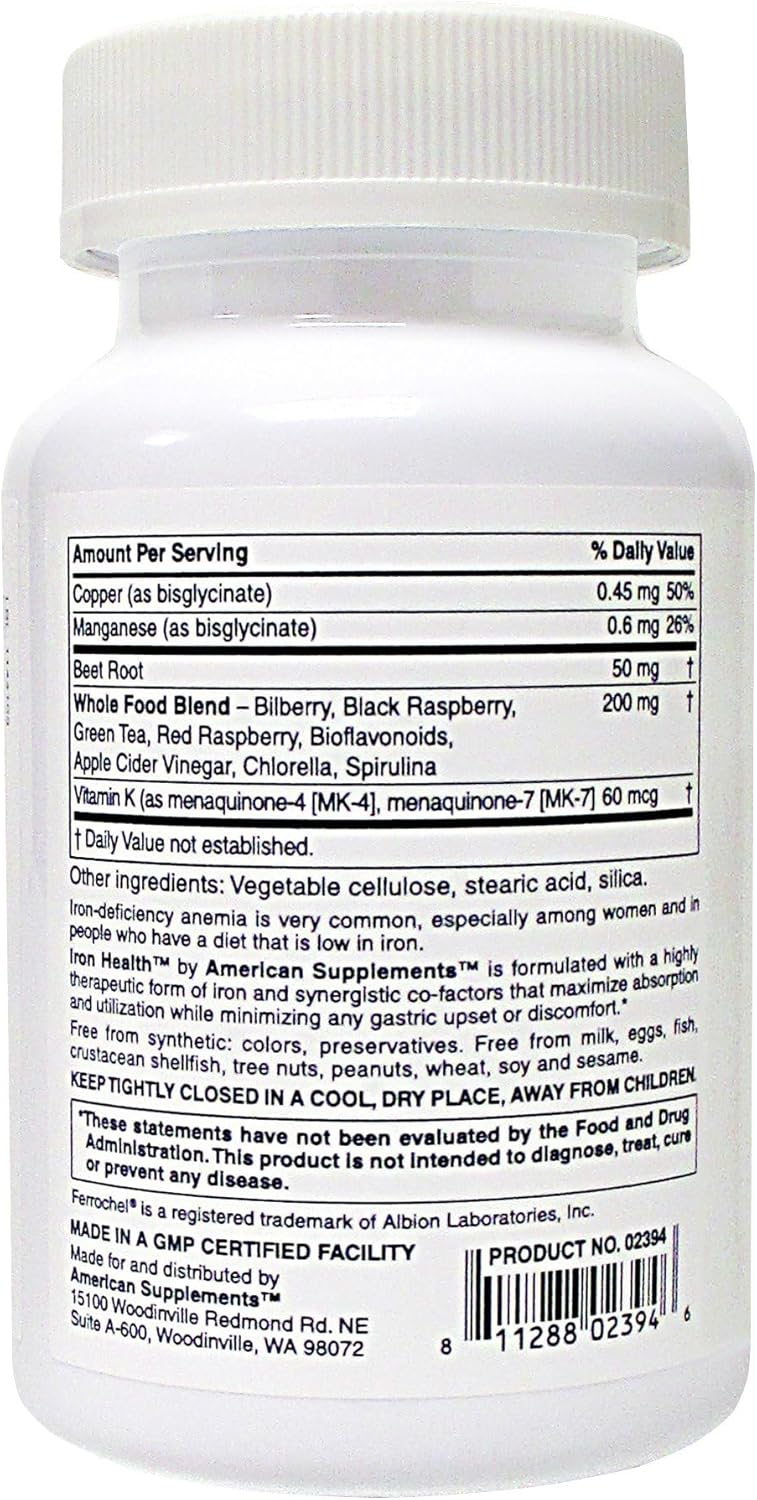 Iron Health 42.5 Mg Non-Constipating Iron Supplement with 16 Iron-Supporting Vitamins and Nutrients - 60 Tablets
