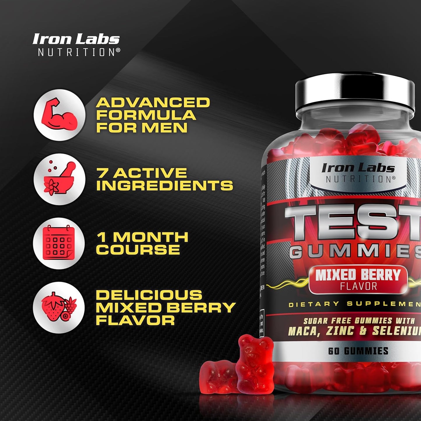 Iron Labs Nutrition Testo Gummies (60 Count) - High Strength Men's Booster with Maca, Ginseng, Zinc, and Selenium - Sugar-Free & Vegan - Mixed Berry Flavor