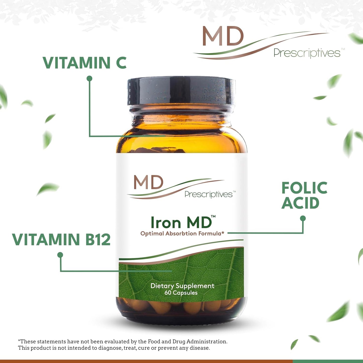 Iron MD Capsules: Daily Iron Supplement with Vitamin C, B12 & Folic Acid - 60 Veg Capsules for Men & Women - Optimal Absorption Formula