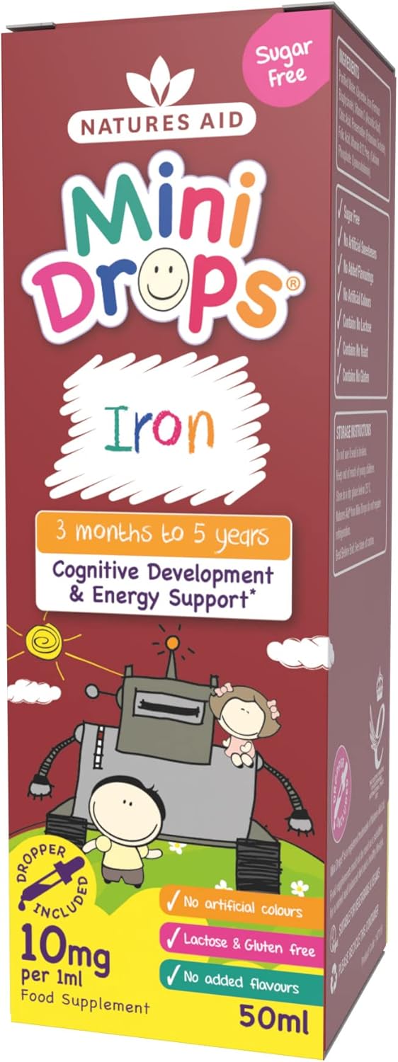 Iron Mini Drops for Kids, Cognitive Development Support, Sugar Free, 50 ml by Natures Aid