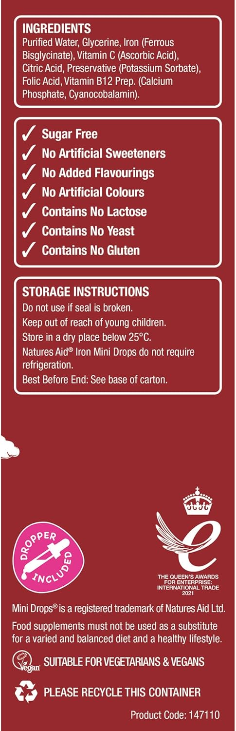 Iron Mini Drops for Kids, Cognitive Development Support, Sugar Free, 50 ml by Natures Aid