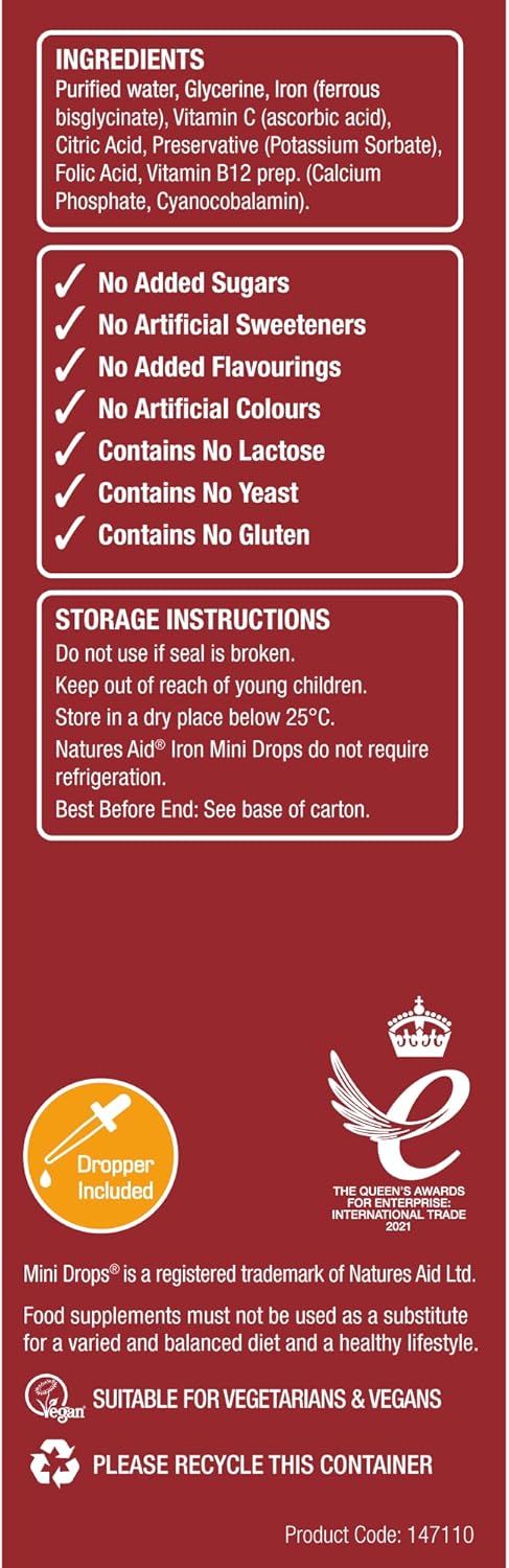 Iron Mini Drops for Kids, Cognitive Development Support, Sugar Free, 50 ml by Natures Aid