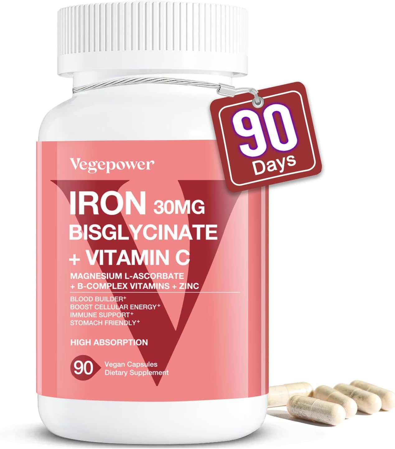 Iron Pills with Vitamin C, B12, Folic Acid - Vegan Iron Bisglycinate Supplement for Energy & Anemia Support - High Absorption, Non-GMO - 90 Capsules