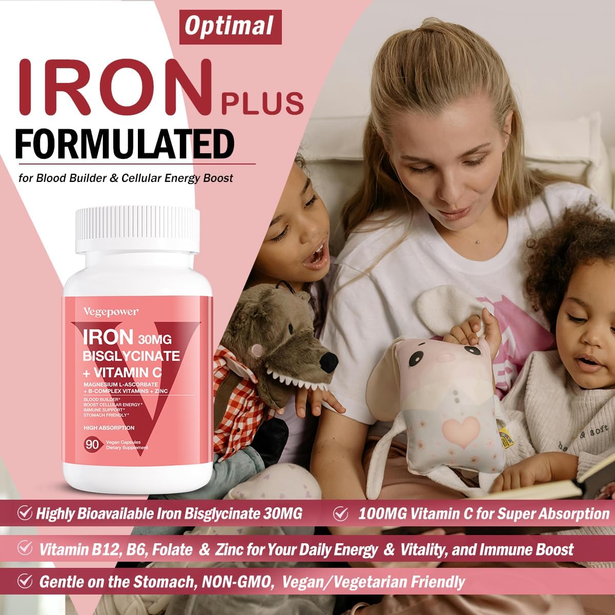 Iron Pills with Vitamin C, B12, Folic Acid - Vegan Iron Bisglycinate Supplement for Energy & Anemia Support - High Absorption, Non-GMO - 90 Capsules