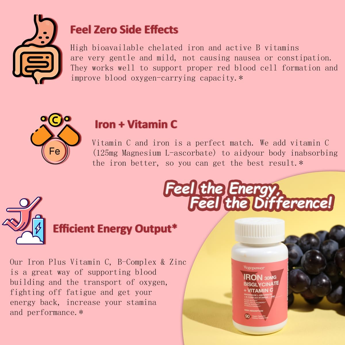 Iron Pills with Vitamin C, B12, Folic Acid - Vegan Iron Bisglycinate Supplement for Energy & Anemia Support - High Absorption, Non-GMO - 90 Capsules