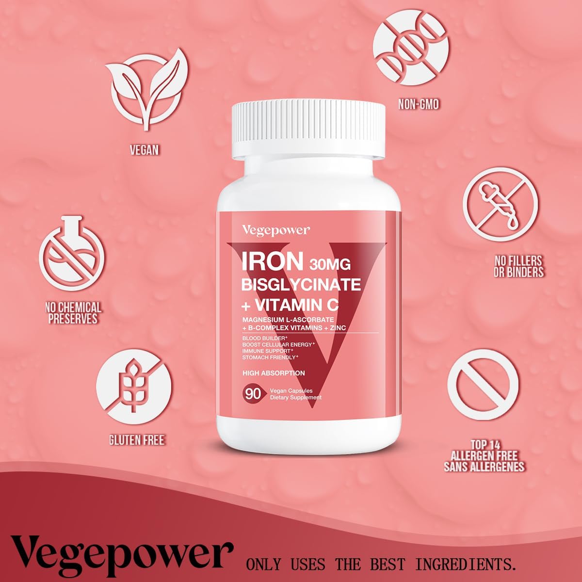 Iron Pills with Vitamin C, B12, Folic Acid - Vegan Iron Bisglycinate Supplement for Energy & Anemia Support - High Absorption, Non-GMO - 90 Capsules
