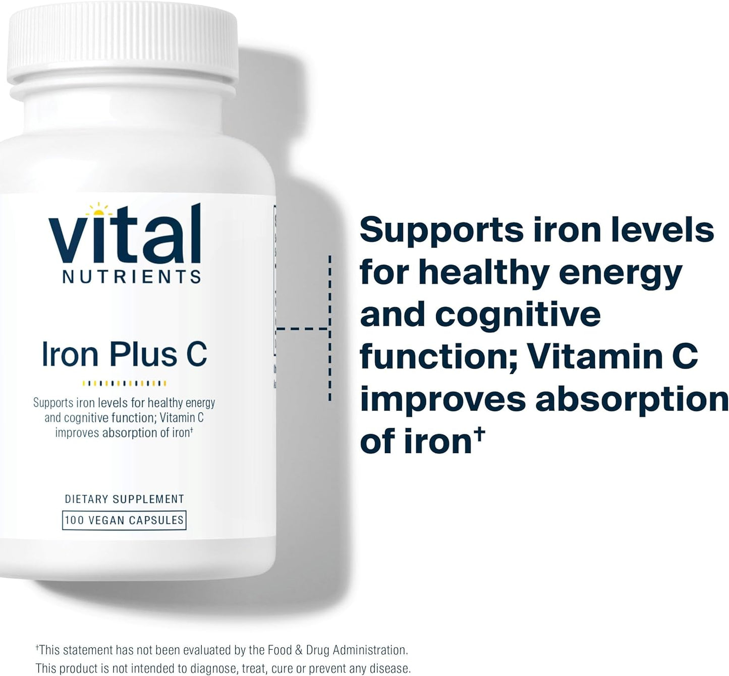 Iron Plus C Supplement | 20mg Iron & 200mg Vitamin C | Boost Iron & Energy | Vegan & Non-GMO | 100 Capsules