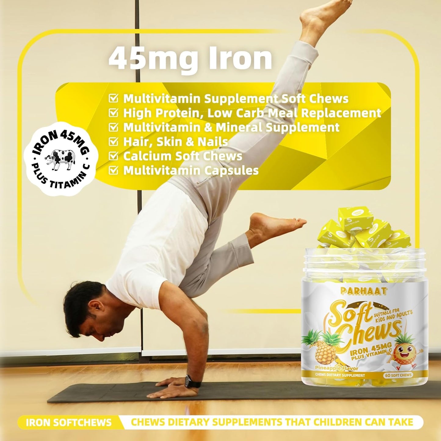 Iron Soft Chew Supplement with Vitamin C - Pineapple Flavored | Gluten Free Iron Supplement for Women, Men, and Kids | 60 Count, 2 Month Supply | Top Quality